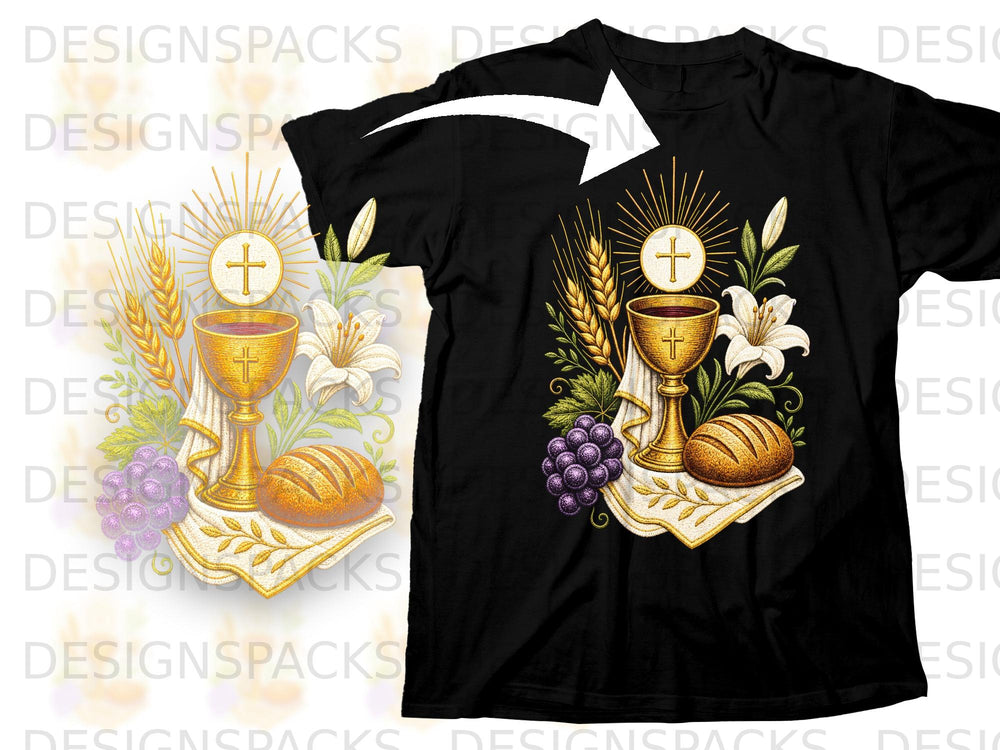 Black t-shirt with a golden chalice, host, grapes, wheat, and lilies.