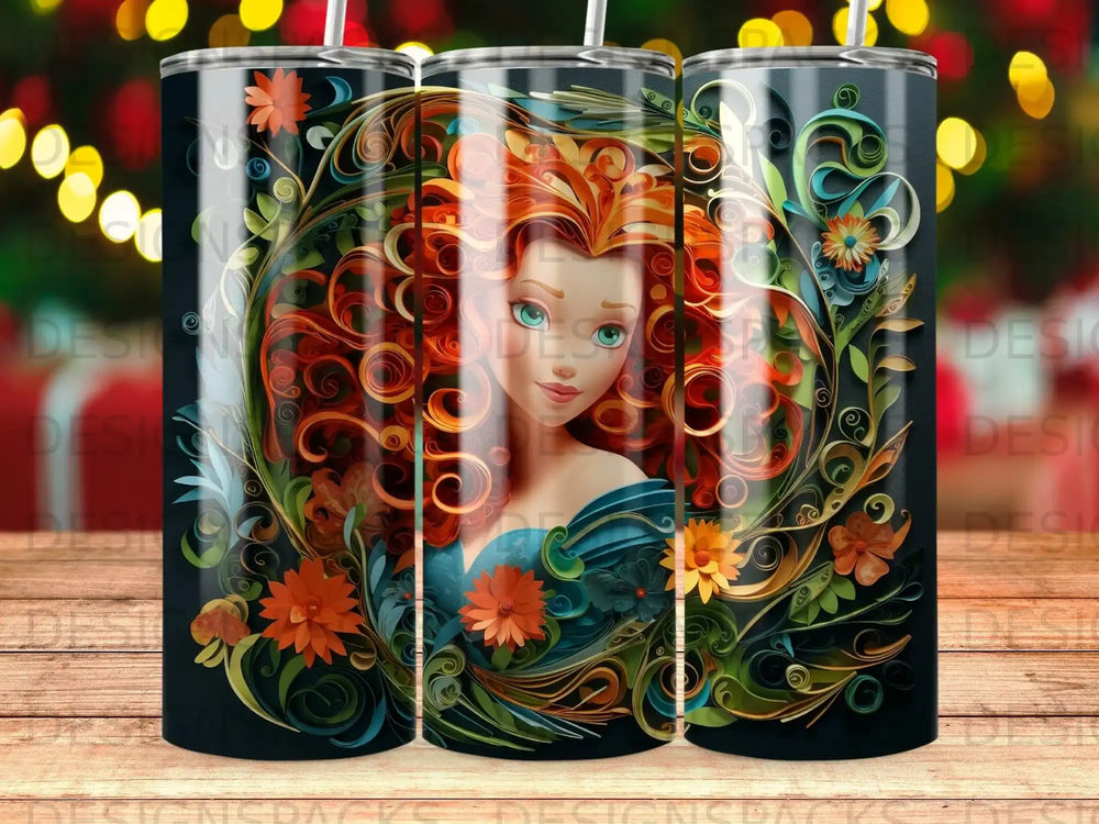 Illustration of a woman with red curly hair, blue eyes, and a floral design.