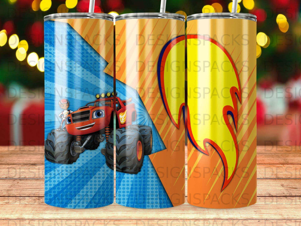 Blaze the Monster Machine on a blue and orange striped tumbler.