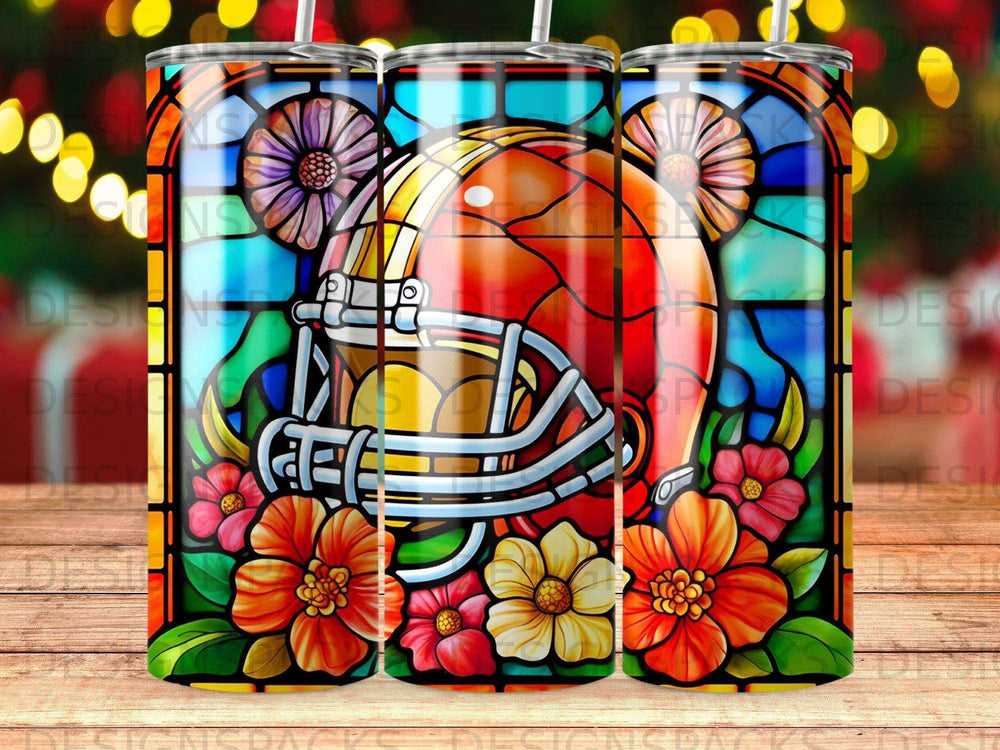 Stained glass football helmet surrounded by colorful flowers.