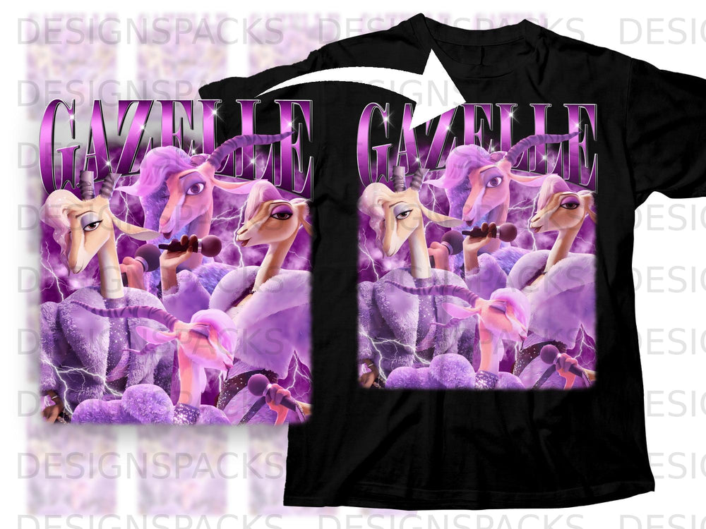 Gazelle singing with microphones on a black t-shirt graphic.