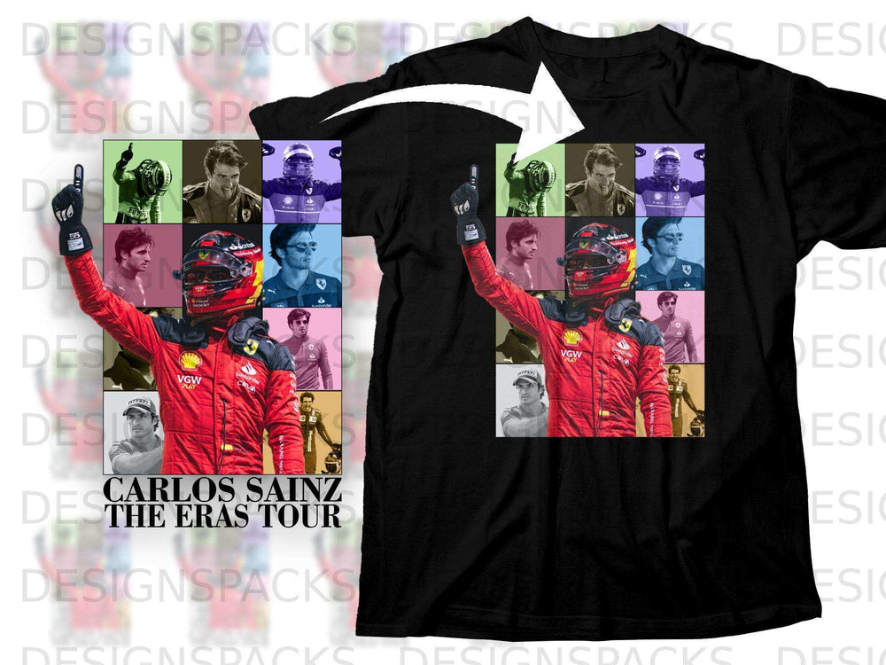 Carlos Sainz "The Eras Tour" t-shirt featuring collage of his racing images.