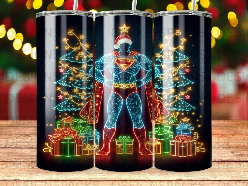 Superman in Santa hat surrounded by neon Christmas trees and gifts.