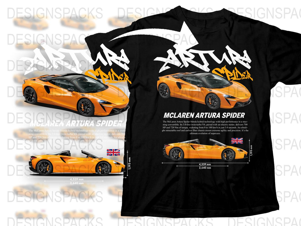 McLaren Artura Spider T-Shirt, Orange Sports Car Graphic Tee, Racing Enthusiast Apparel, UK Flag Design