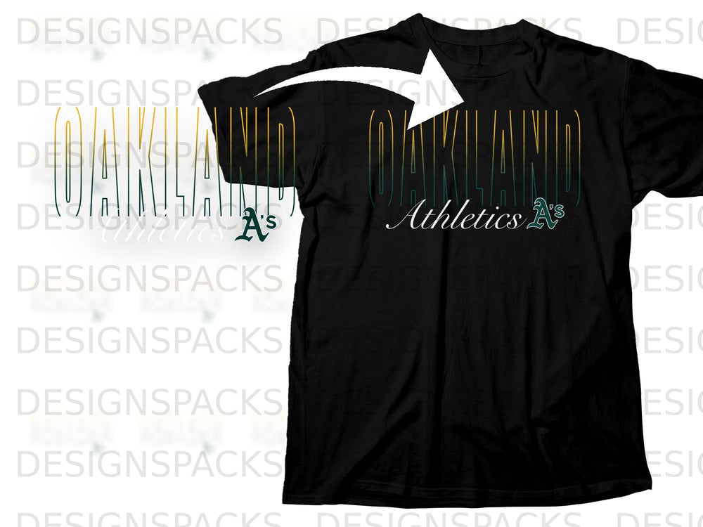 Black t-shirt with "Oakland Athletics A's" graphic in vertical green and yellow text.