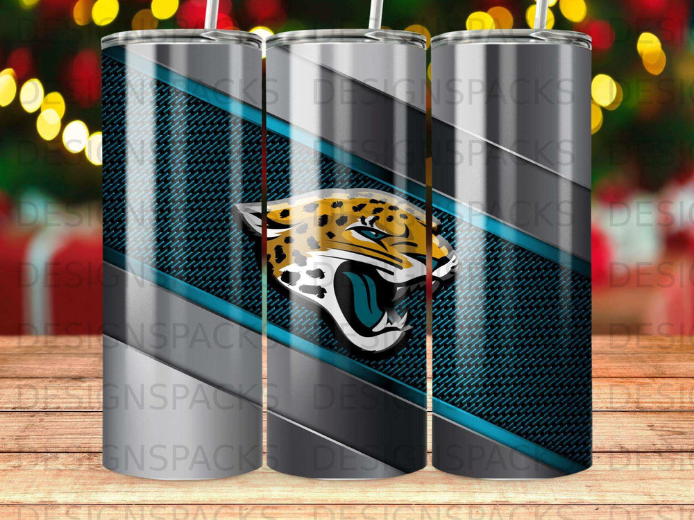 Jacksonville Jaguars logo on a silver and teal striped tumbler.