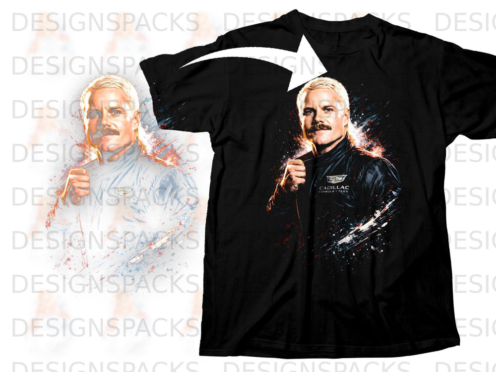 Black t-shirt featuring a graphic of a man with a mustache and a Cadillac Formula 1 Team logo.