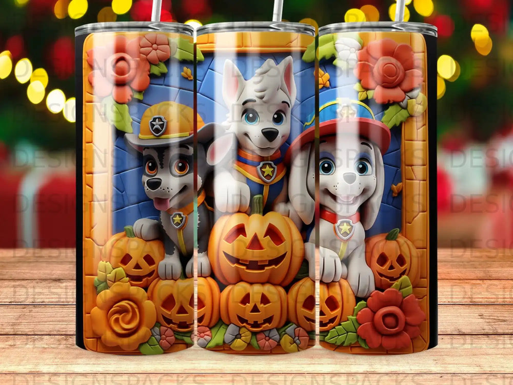 Paw Patrol pups Chase and Marshall with pumpkins and flowers.