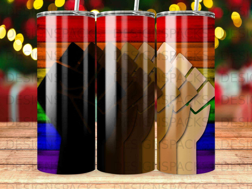 Fist symbol with rainbow stripes on a tumbler.