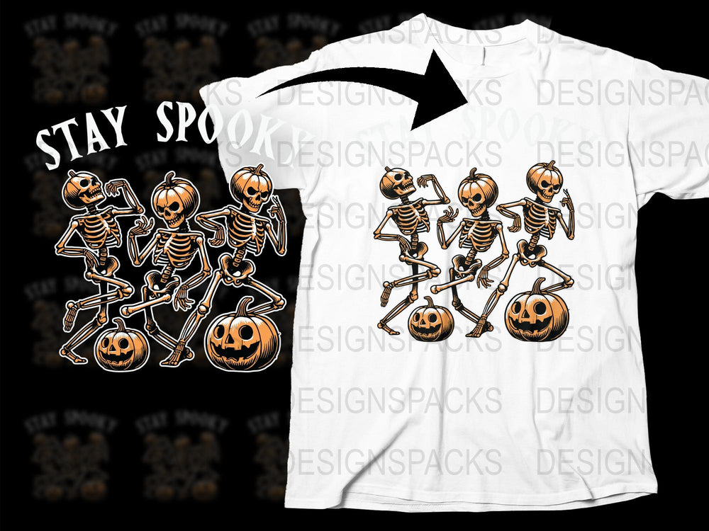 Spooky Halloween T-Shirt with Dancing Skeletons and Pumpkins, Unisex Graphic Tee, Party Outfit