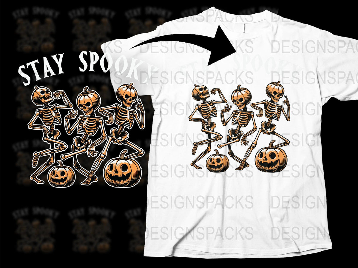 Spooky Halloween T-Shirt with Dancing Skeletons and Pumpkins, Unisex Graphic Tee, Party Outfit