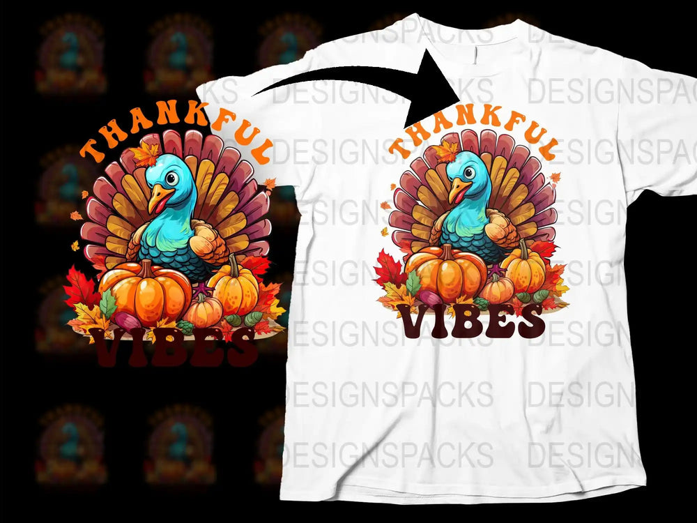 Thankful Vibes Turkey Thanksgiving T-Shirt, Autumn Pumpkin Tee, Fall Festival Clothing, Family Holiday Outfit Idea