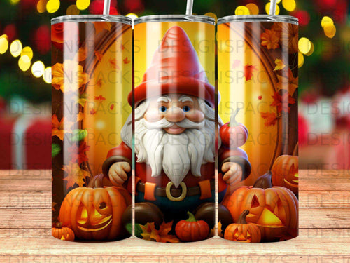 Gnome with pumpkins and autumn leaves on a tumbler.