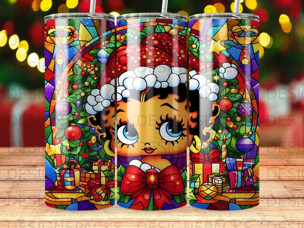 Betty Boop in Santa hat with stained glass Christmas decorations and gifts.