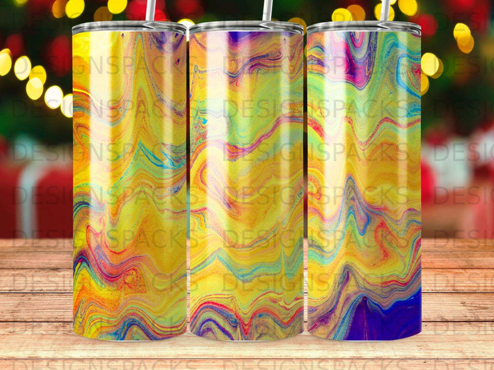 Three tumblers with a vibrant, swirling abstract colorful pattern.