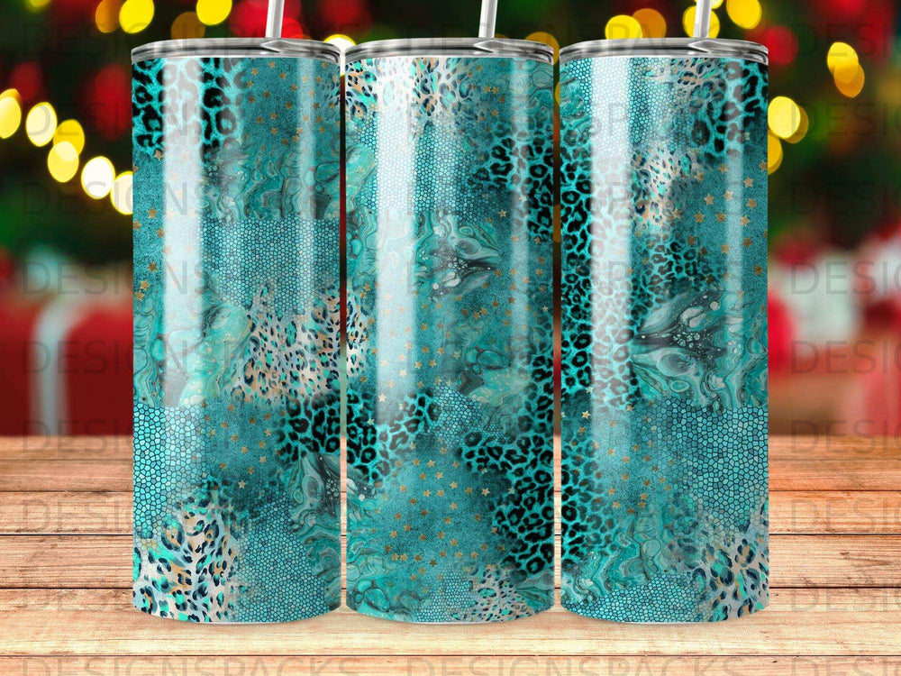 Turquoise tumbler with leopard print and gold star accents.
