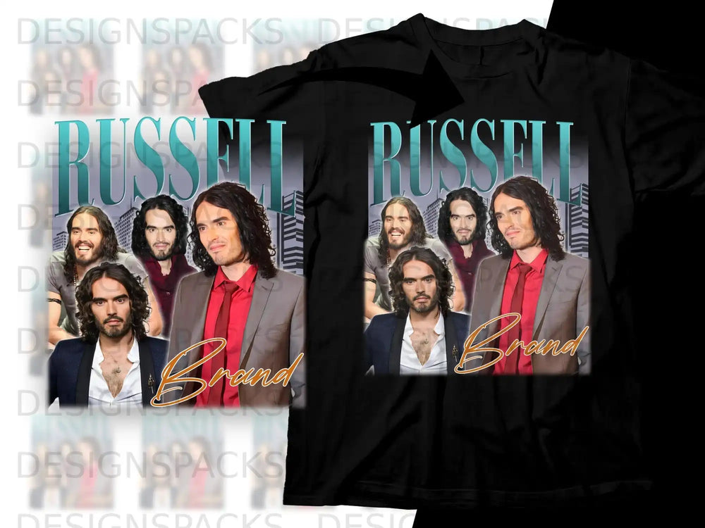 Russell Brand graphic on black t-shirt with collage of his photos.
