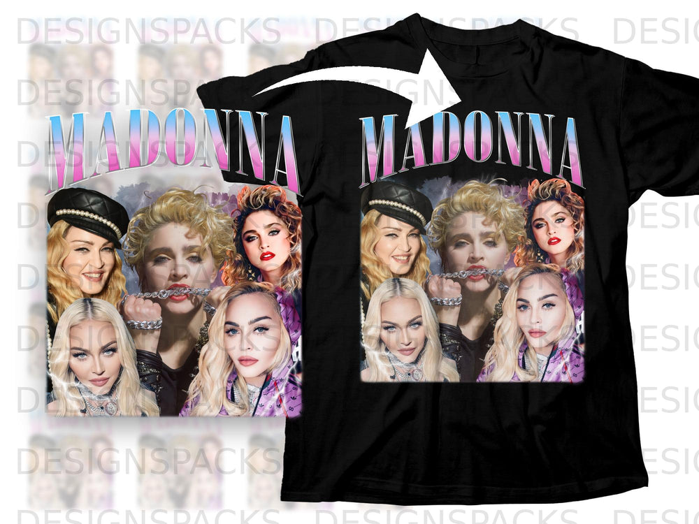 Madonna collage with gradient text on a black t-shirt.