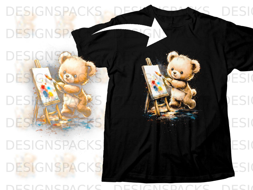 Teddy bear painting on easel graphic on black t-shirt.