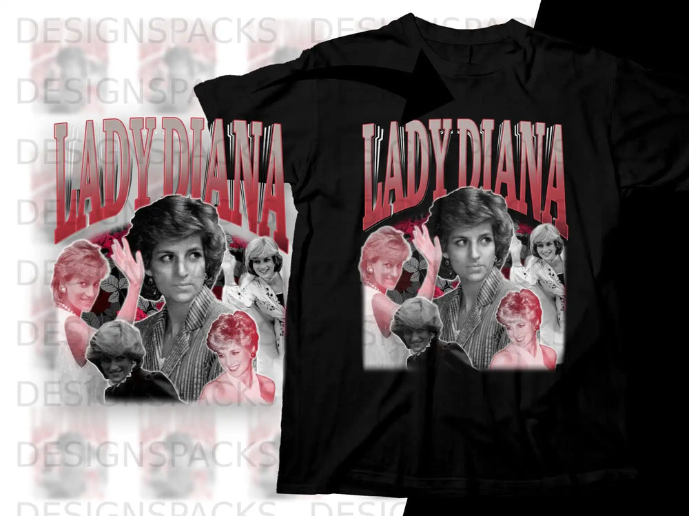 T-shirt featuring collage of Lady Diana portraits and the text "LADY DIANA".