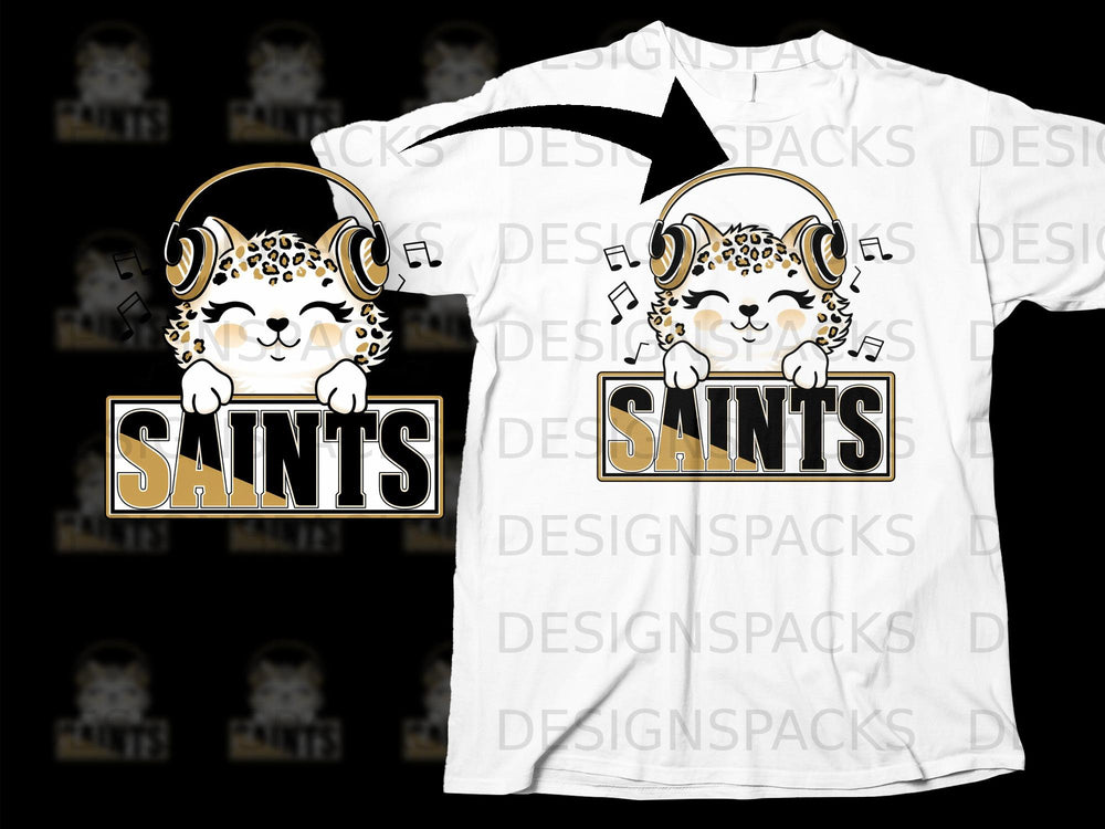 Cute leopard wearing headphones holds sign with "SAINTS" text.