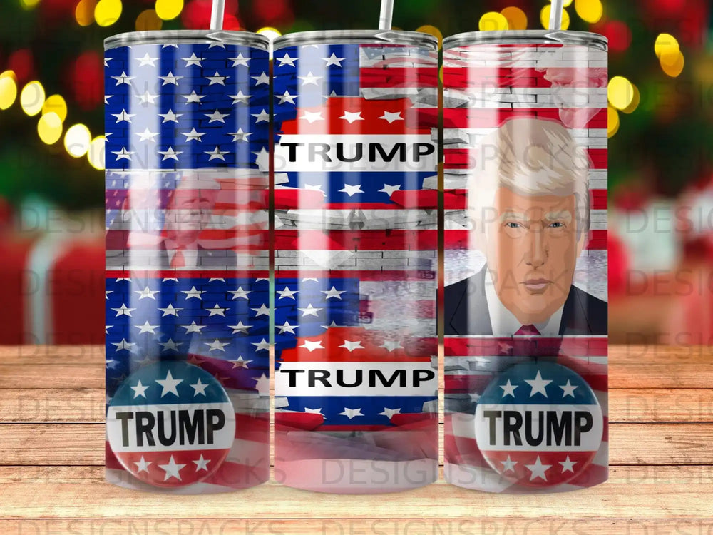 Tumbler with American flag, brick pattern, and "TRUMP" text.