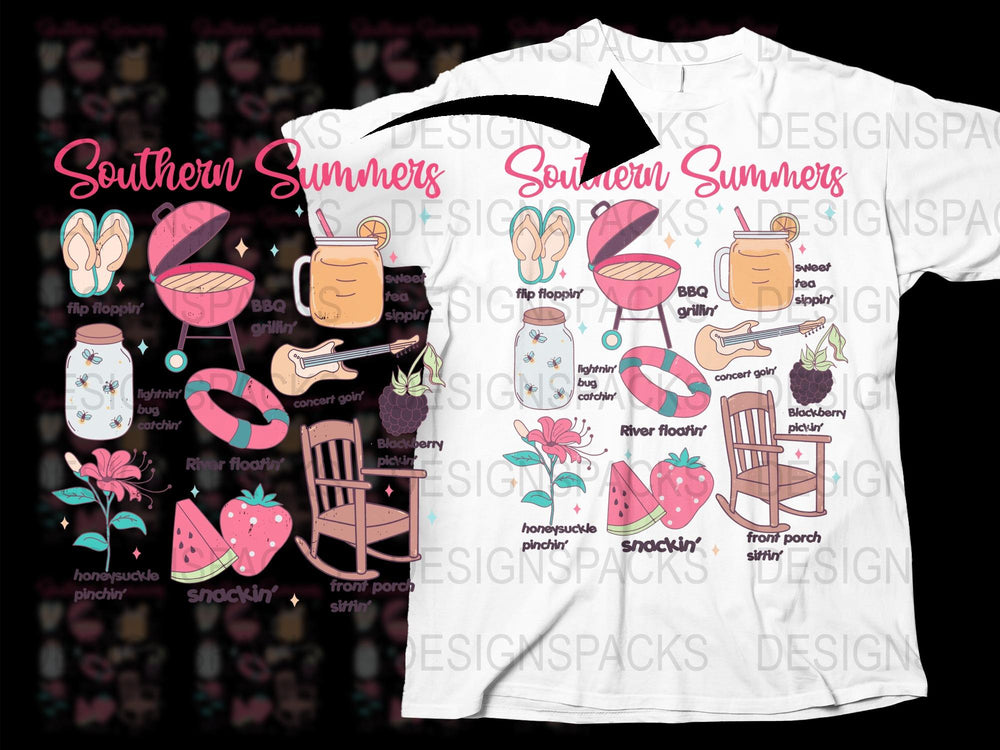 Southern Summers T-Shirt Design, Flip Flops, BBQ, Rocking Chair, River Floating Patterns
