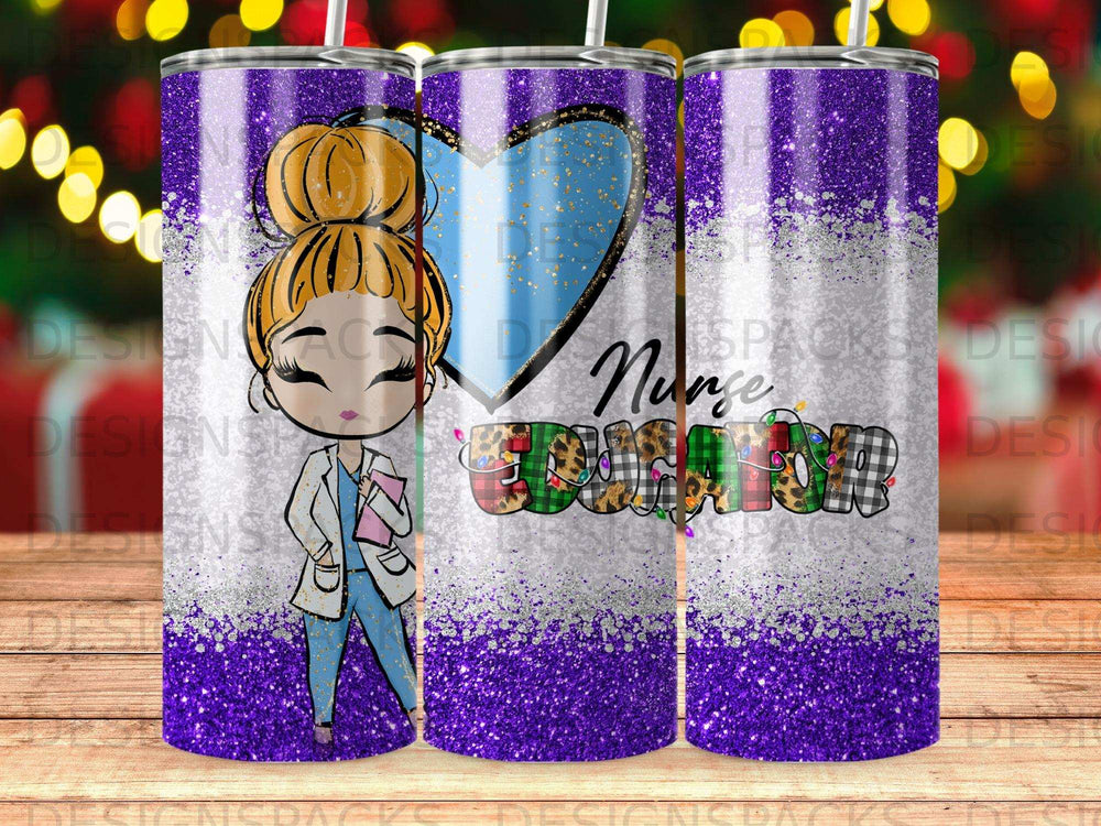 Nurse educator tumbler with purple glitter and heart graphic.