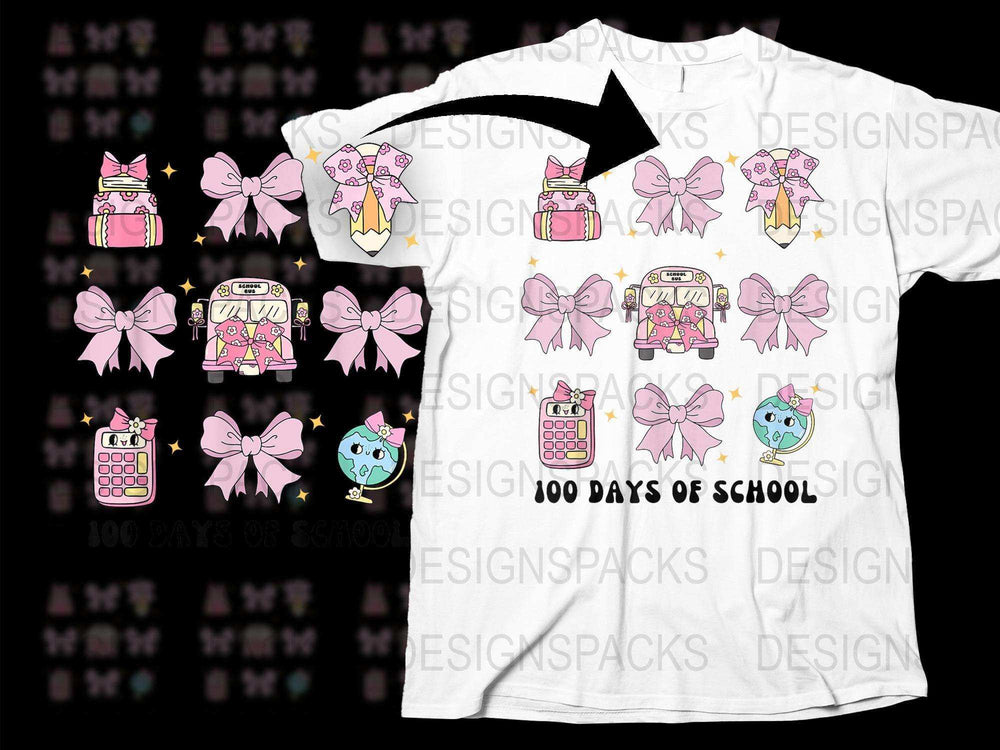 Kids 100 Days of School T-Shirt, Cute Calculator and Bows Graphic Tee, Colorful Classroom Celebration Shirt for Children