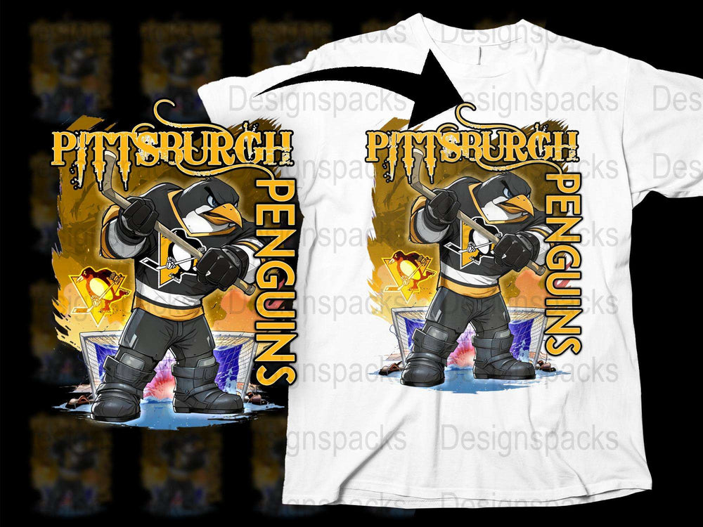 Pittsburgh Penguins Themed T-Shirt, Cartoon Hockey Player Design, Men's Sports Tee