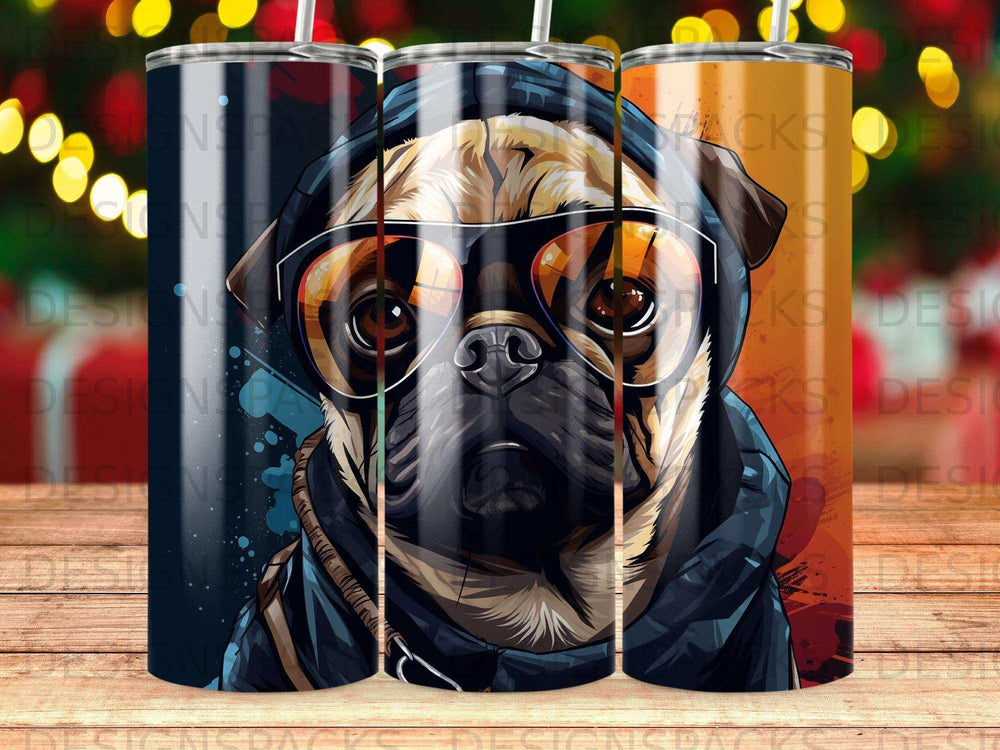 Pug wearing sunglasses and a hooded jacket, creative artistic illustration.