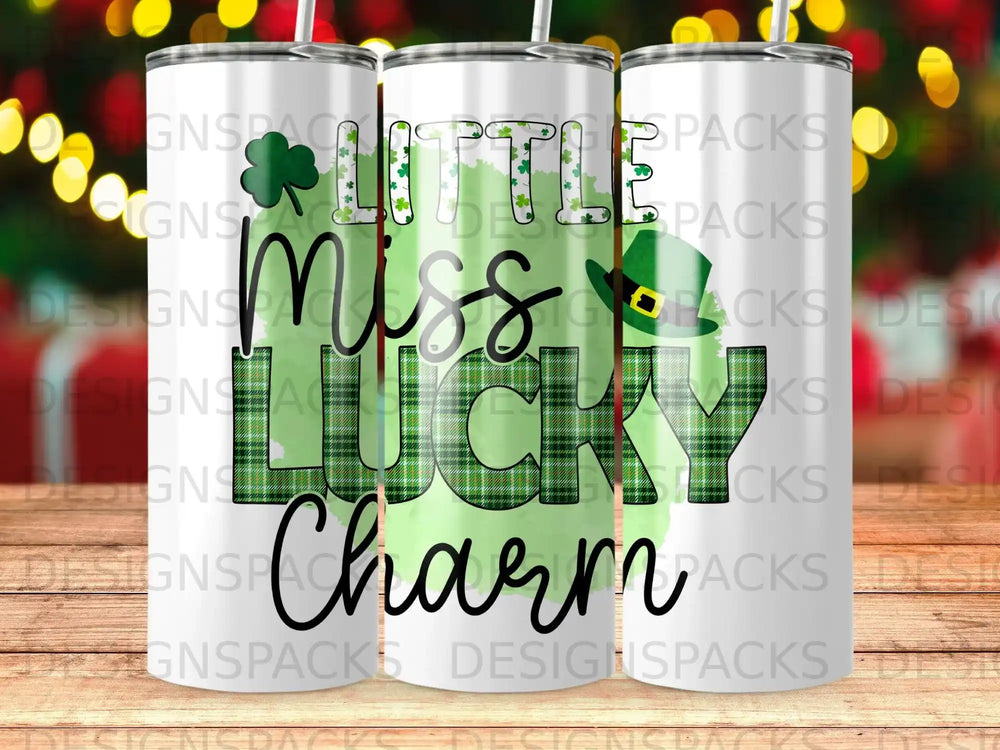 Sublimation tumbler with "Miss Lucky Charm" text and shamrocks.