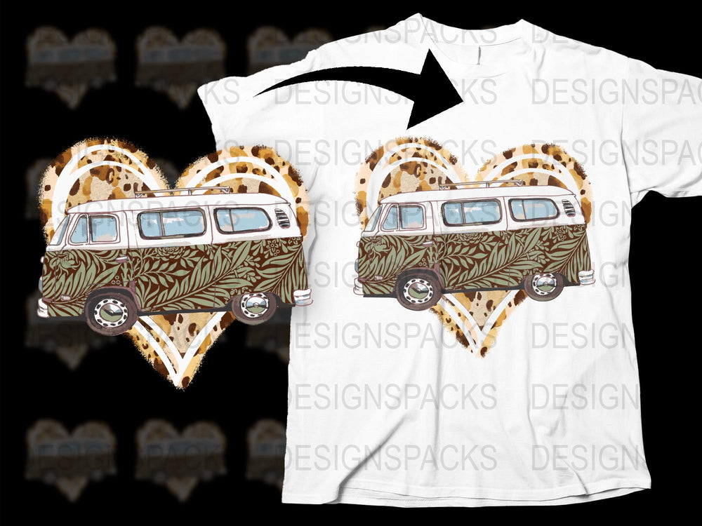Vintage Bus and Tropical Leaves Print T-Shirt, Retro Boho Style Graphic Tee, Unisex Summer Casual Top