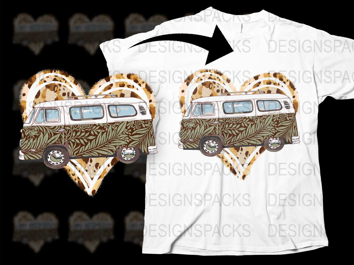 Vintage Bus and Tropical Leaves Print T-Shirt, Retro Boho Style Graphic Tee, Unisex Summer Casual Top