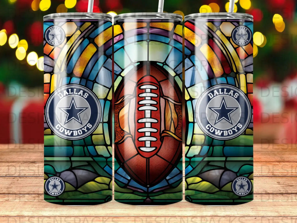 Dallas Cowboys football design on a tumbler with stained glass accents.