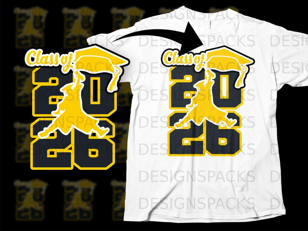 Yellow and black "Class of 2026" graphic with graduation cap over a white t-shirt.