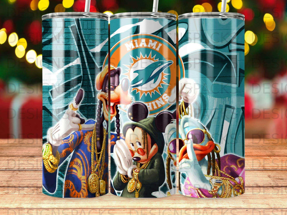 Miami Dolphins characters in streetwear with gold chains and sunglasses.