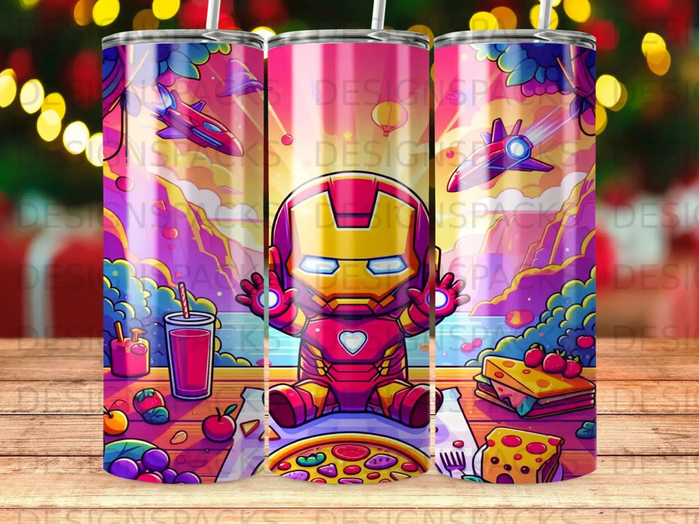 Iron Man sitting with food and drinks, with planes and mountains in the background.