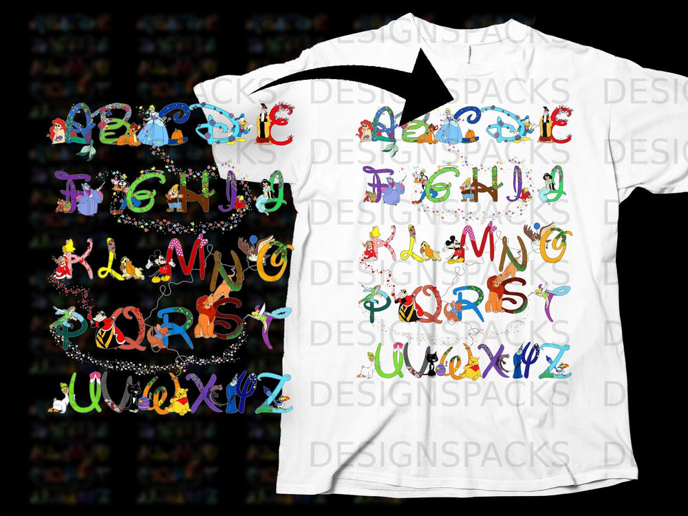 Disney alphabet letters with characters from A to Z displayed on a white t-shirt.