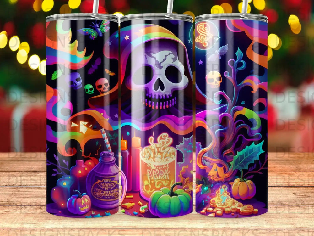 Halloween theme tumbler with skull, pumpkin, and spooky graphics.