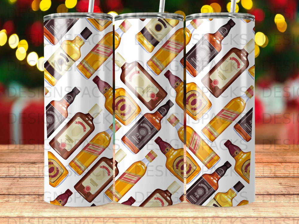 Bottles of amber liquid with labels arranged in a repeating pattern.