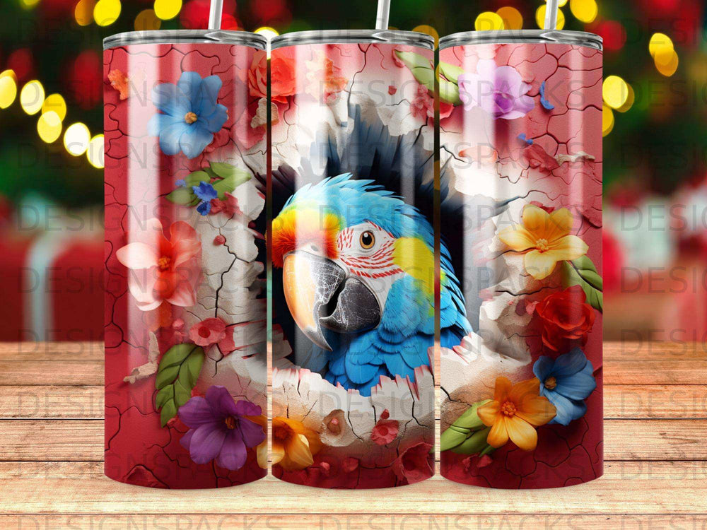 Blue and yellow macaw peeking through cracked red surface with floral accents.