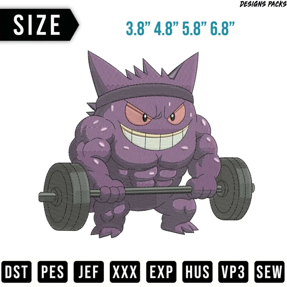 Muscle-bound Gengar lifting a barbell with size options and file formats below.