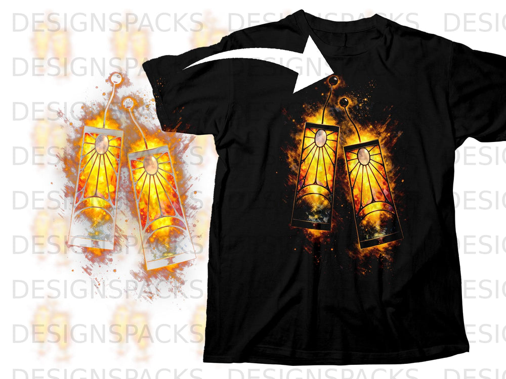 Black t-shirt with a graphic of two stained-glass lanterns with a fiery glow.