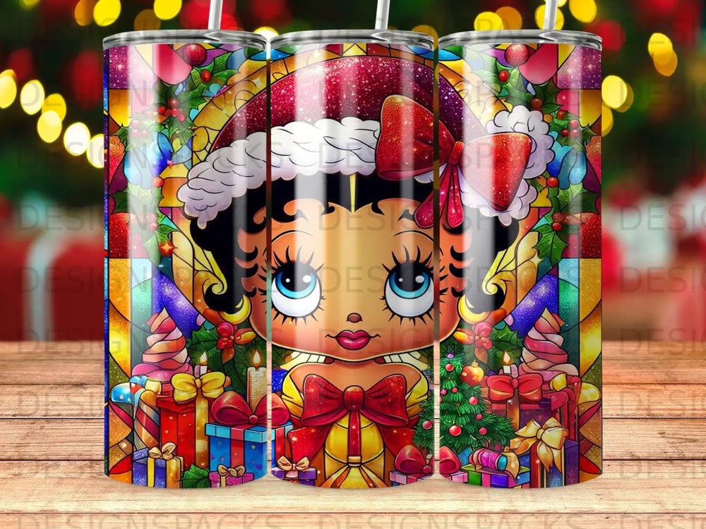 Stained glass Betty Boop with Christmas presents and trees.