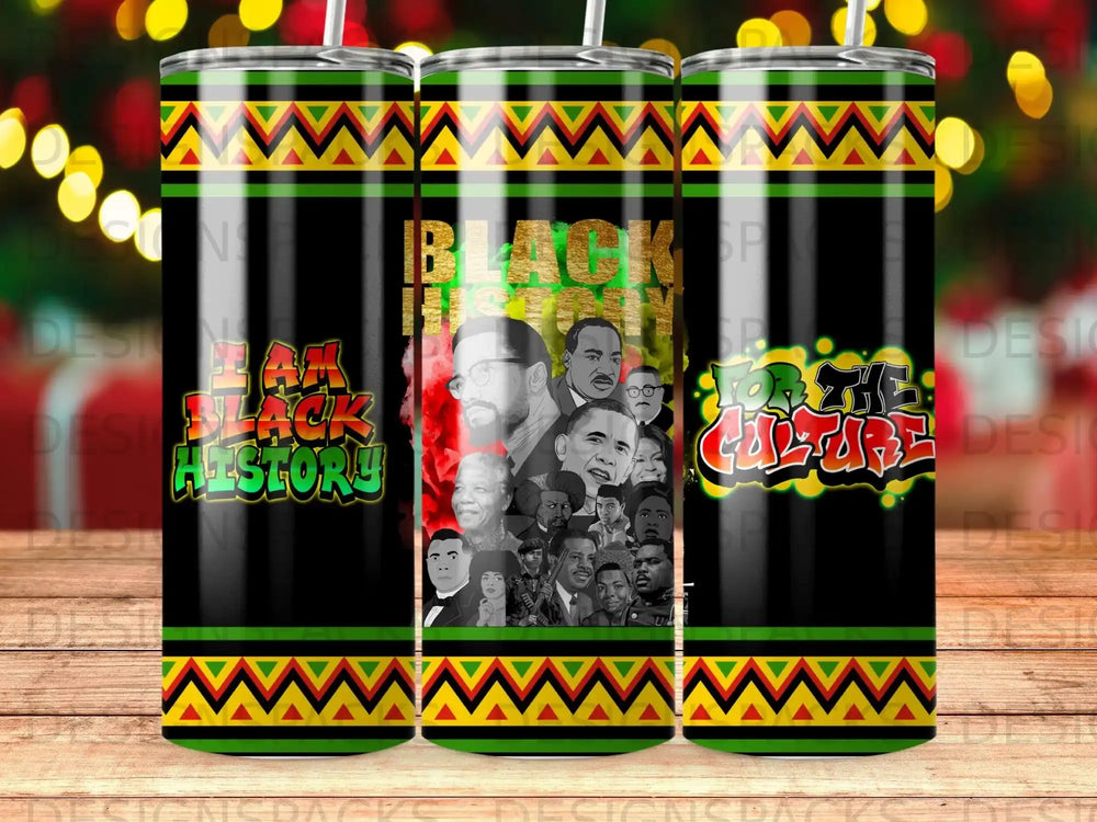 Tumbler with Black History design, featuring iconic figures and text.