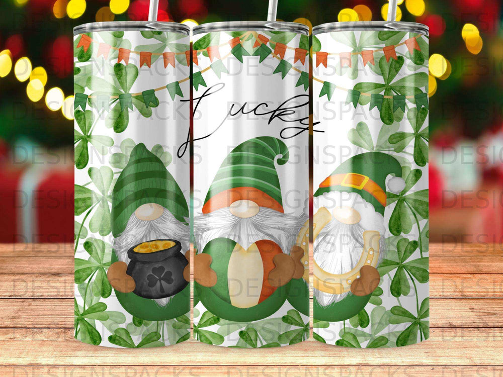 St. Patrick's Day gnomes with shamrocks and Irish flag details.
