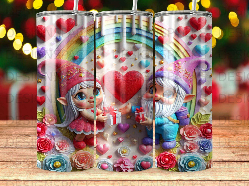 Gnomes exchange gifts beneath a rainbow and hearts, surrounded by flowers.