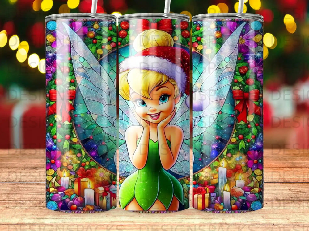 Tinkerbell in a stained-glass style surrounded by Christmas lights, presents, and candles.
