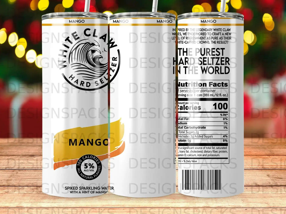 White Claw Hard Seltzer mango can with nutrition facts and "The Purest Hard Seltzer" text.